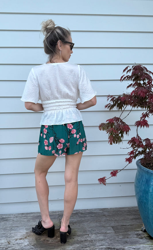 RUBY Green Floral Silk Shorts