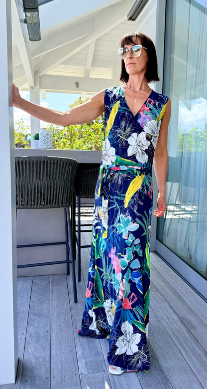 ANDREA MOORE Blue 100% Silk Maxi Dress