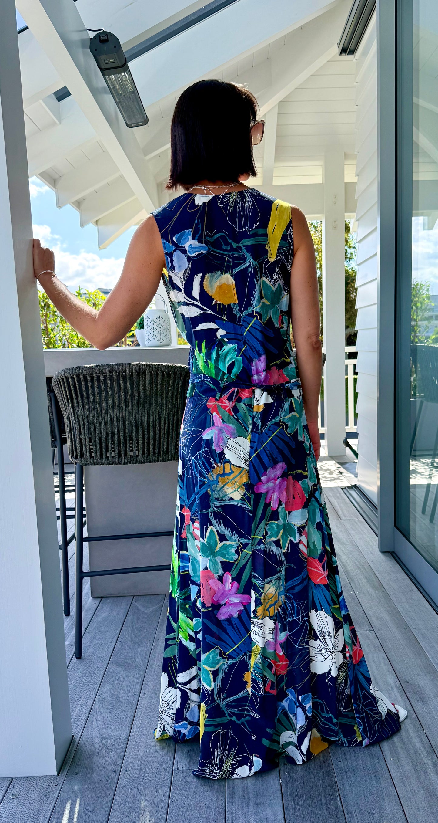 ANDREA MOORE Blue 100% Silk Maxi Dress