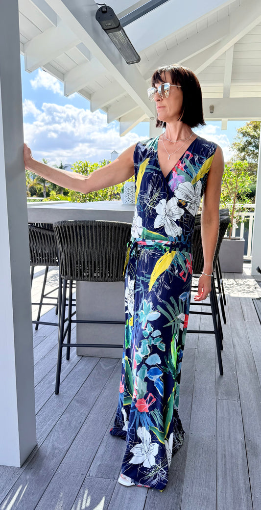 ANDREA MOORE Blue 100% Silk Maxi Dress