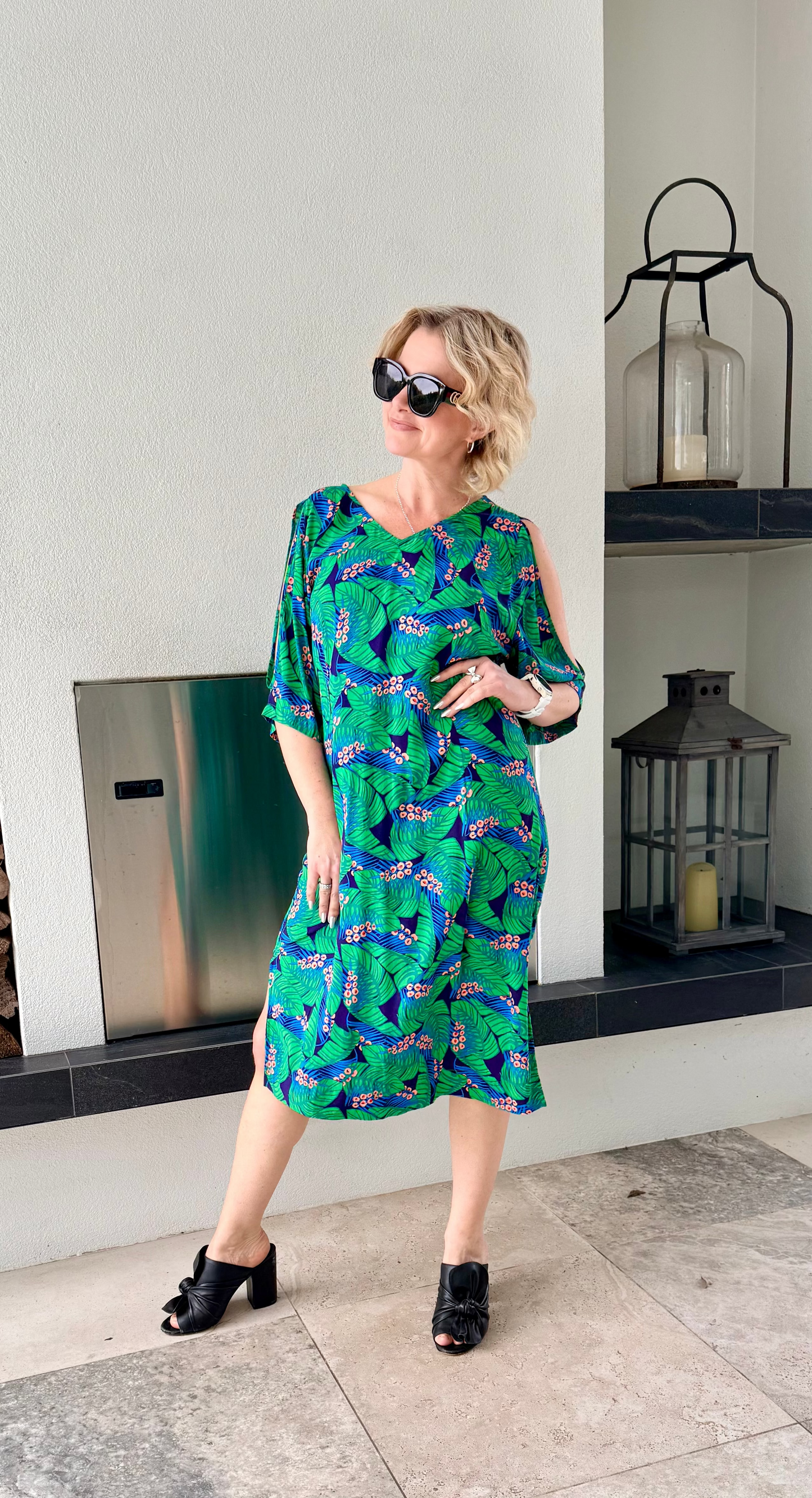 ANDREA MOORE Green Floral Midi Length Dress, Fits 12/M