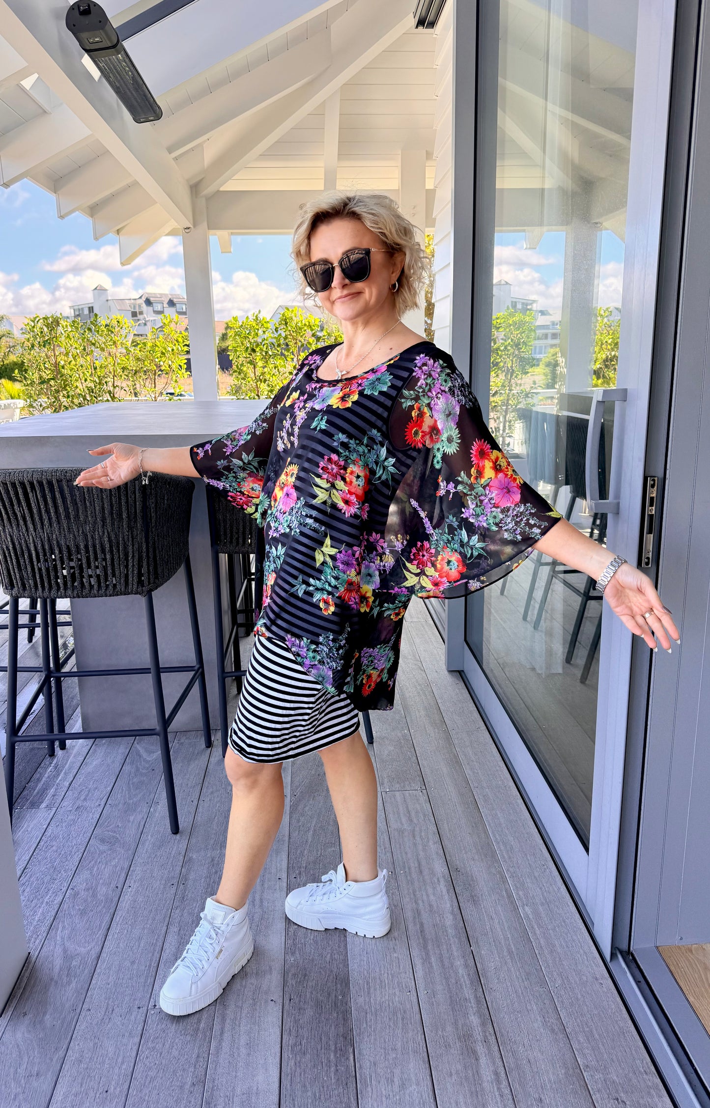 AUGUSTINE/CHARLO - Black Overlay Floral/Striped Dress