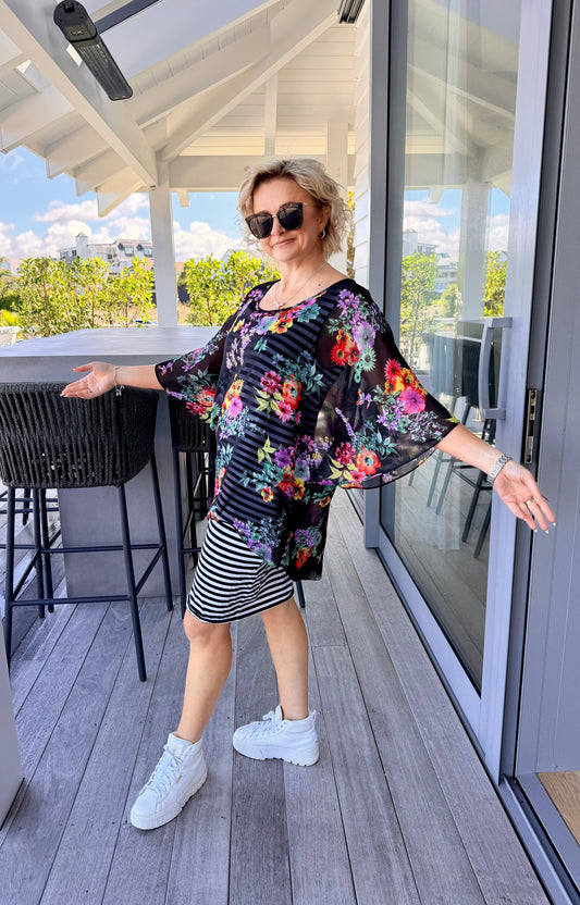AUGUSTINE/CHARLO - Black Overlay Floral/Striped Dress