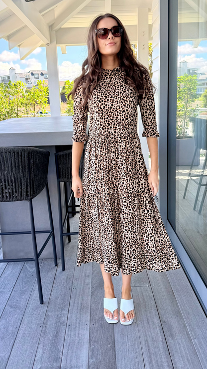 LEW LOOK Brown Leopard Print Midi Length Dress