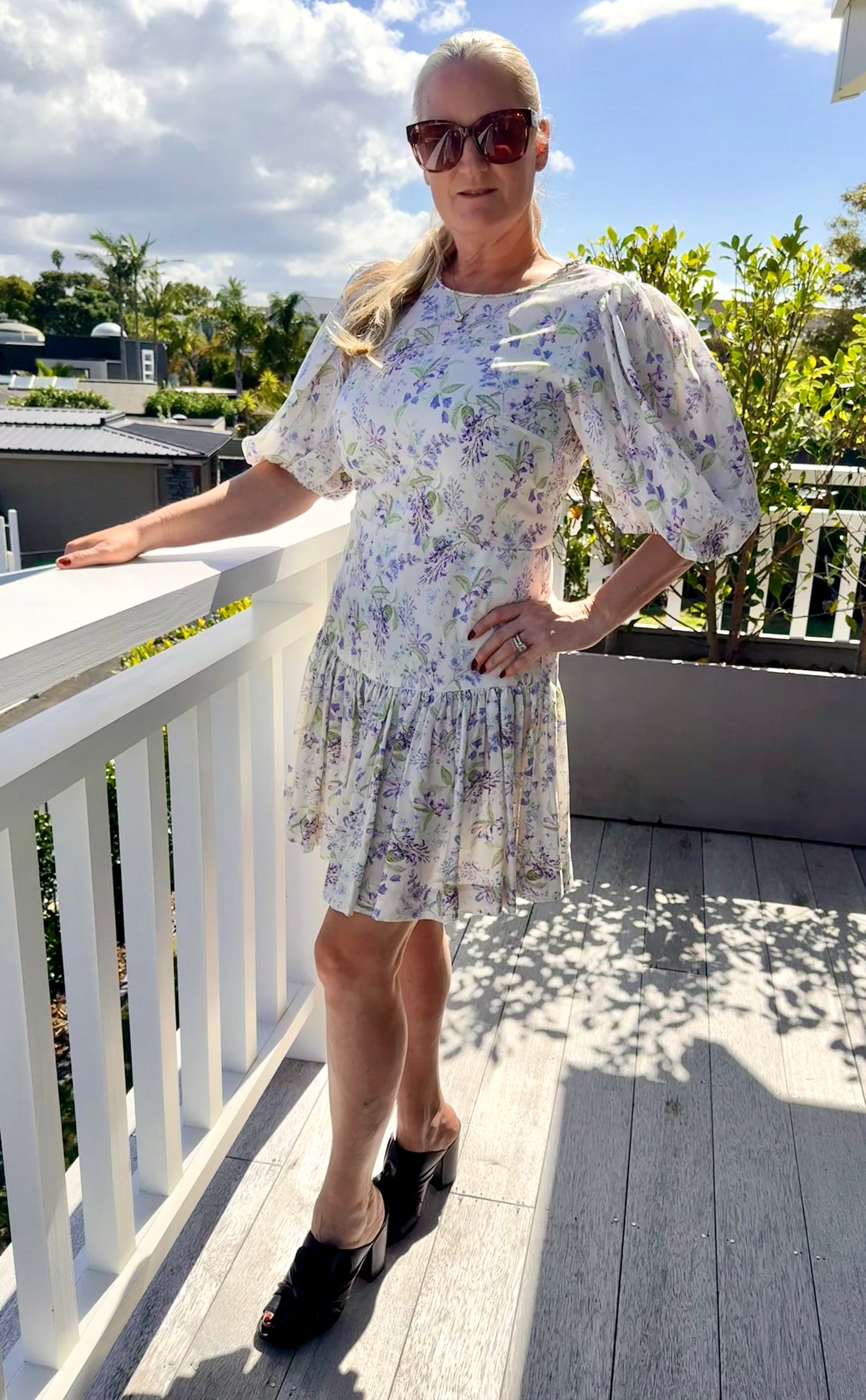 PORTMAN'S Knee Length White Floral Linen Blend Dress