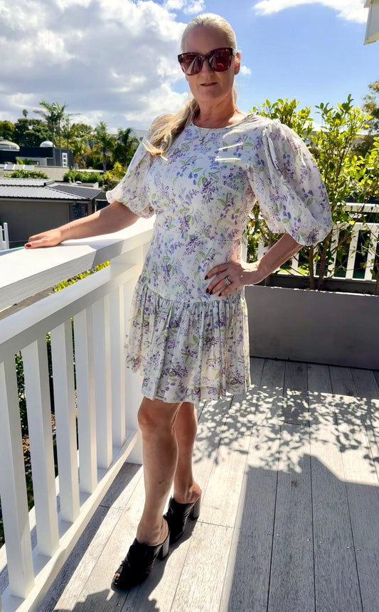 PORTMAN'S Knee Length White Floral Linen Blend Dress