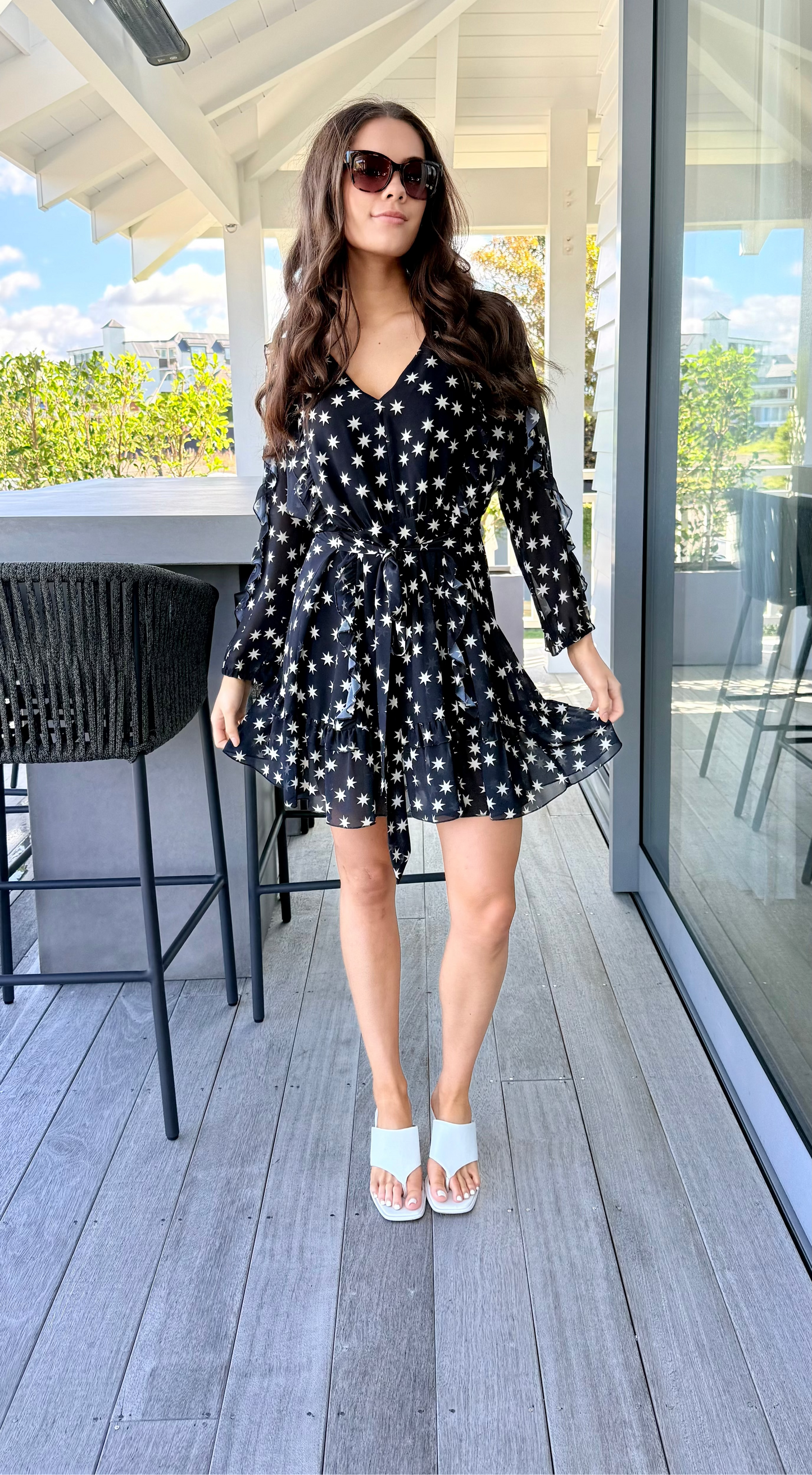 RUBY Midi Length Black Dress with White Stars