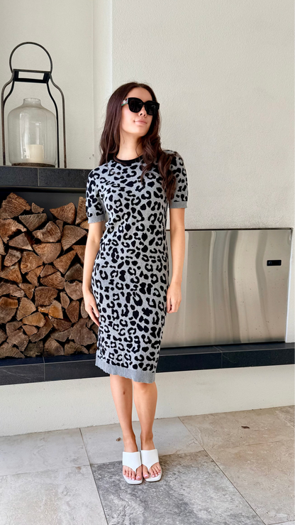 SYLVESTER Grey Black Leopard Print Midi Knit Dress, Size M
