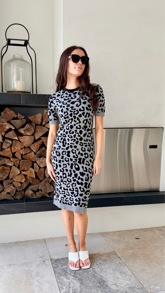 SYLVESTER Grey Black Leopard Print Midi Knit Dress, Size M