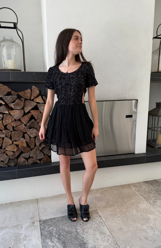 RUBY Formal Black Sequined/Silk Mini Dress