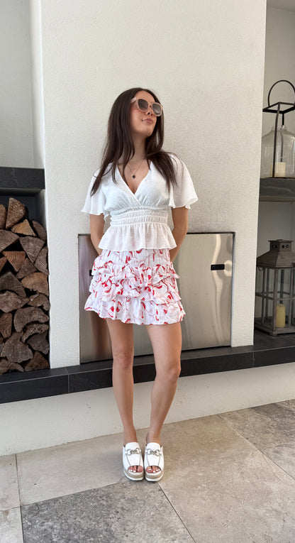 SEED Floral Red/White Linen Blend Mini Skirt