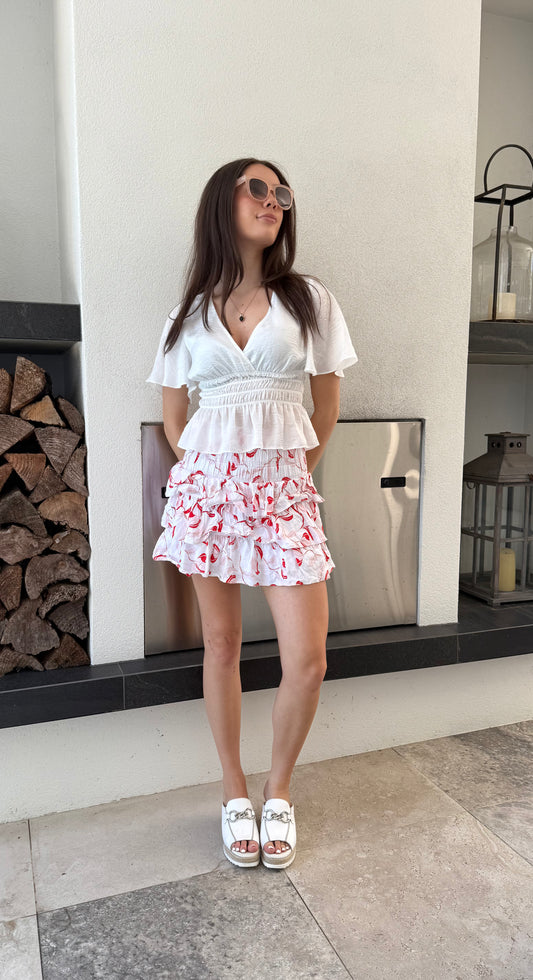 SEED Floral Red/White Linen Blend Mini Skirt